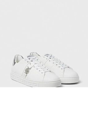 Versace Collection White Leather Low-Top Men's Sneakers with Silver Accents